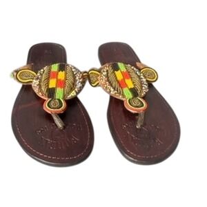 Maitan Beaded Leather Sandals Brown Multicolor EU 39 NWOB